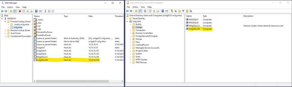 SQL Always On Listener objesi için DNS kaydımız ve ADUC üzerinde Virtual Computer Object oluşmuş durumdadır.